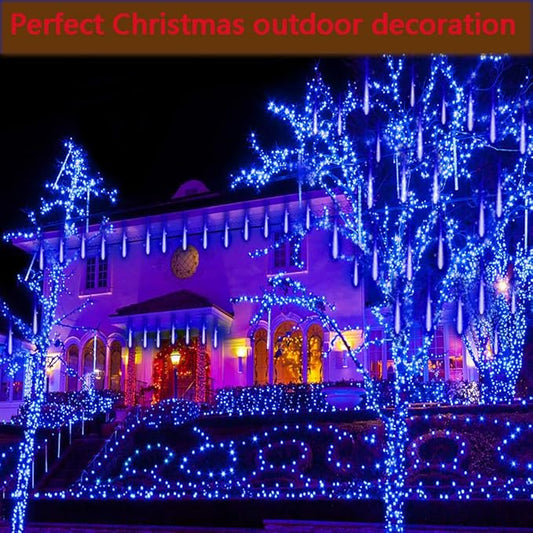 Kwaiffeo Blue Icicle Christmas Lights Outdoor, 16 Tubes(Equivalent to 2 Sets of 8-Tubes) LED Meteor Shower Lights for Xmas Halloween Decor Yard Lawn, Outdoor Lighted Christmas-Themed Ornaments