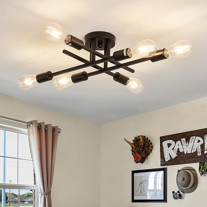 ZGLAOJT 6-Lights Semi Flush Mount Ceiling Light Fixture，Black Industrial Chandelier，Farmhouse Lighting for Dining Room Living Room Kitchen Bedroom