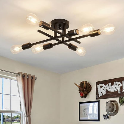 ZGLAOJT 6-Lights Semi Flush Mount Ceiling Light Fixture，Black Industrial Chandelier，Farmhouse Lighting for Dining Room Living Room Kitchen Bedroom