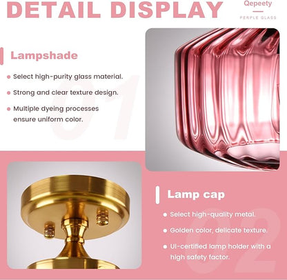 Vintage Gold Bathroom Ceiling Light Flush Mount Overhead Light with Purple Ribbed Glass Shade Industrial Ceiling Lamp for Hallway Foyer Porch Kitchen Bedroom