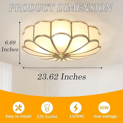 MIXL- Mid Century Brass Flush Mount Ceiling Light,LED Antique Brass Light Fixture, Modern Frosted Glass Ceiling Lamps for Living Room, Close to Ceiling Light Decorative for Bedroom(23.62" W)