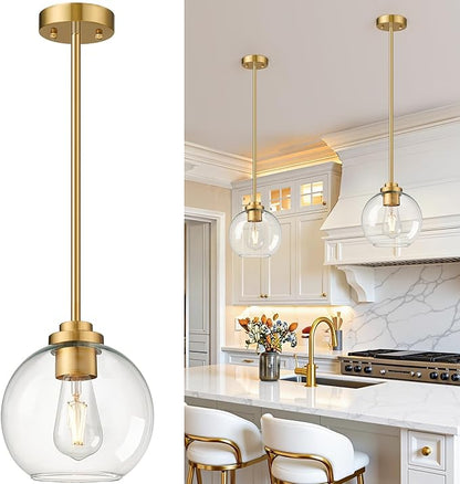 1 Pack 7.2-Inch Globe Pendant Lights, Mid Century Gold Pendant Light Fixtures, Globe Pendant Lights Kitchen Island with Milk Glass Shade Adjustable Hanging Fixture for Dining Room (Bulbs not Included)
