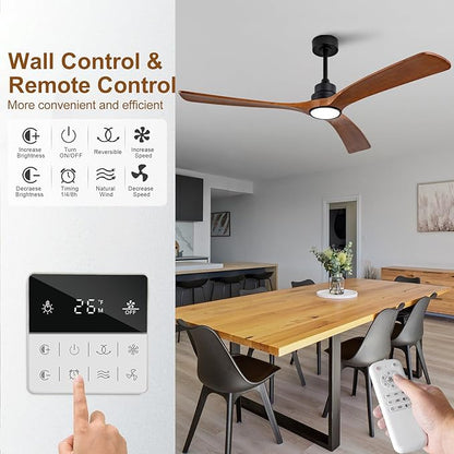 60 inch Ceiling Fans with Lights and Remote Control,Wall Switch,Solid Wood Blades,Dimmable,Reversible Noiseless,Power Off Memory Modern Black Ceiling Fan for Bedroom Patio Indoor/Outdoor Use