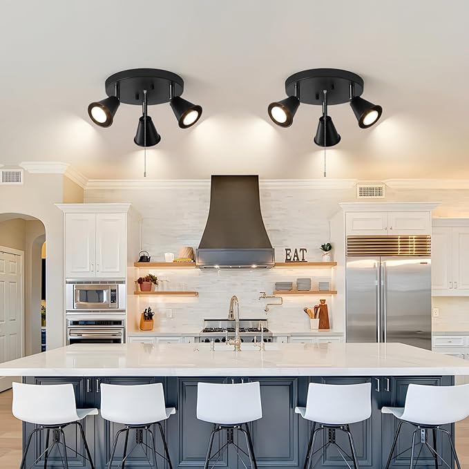 3-Light Industrial Directional Track Lighting with Pull Chain On/Off, Black Ceiling Spotlight, Morden Flush Mount Kitchen Light for Hallway,Dining Room,Porch,Office.Gu10 Bulbs Included