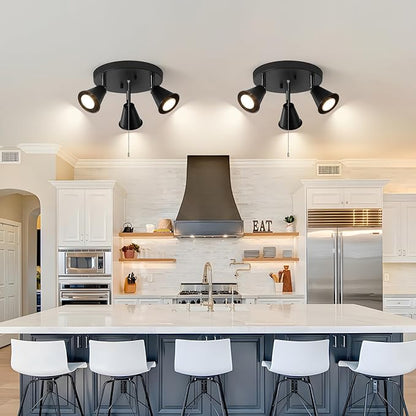 3-Light Industrial Directional Track Lighting with Pull Chain On/Off, Black Ceiling Spotlight, Morden Flush Mount Kitchen Light for Hallway,Dining Room,Porch,Office.Gu10 Bulbs Included