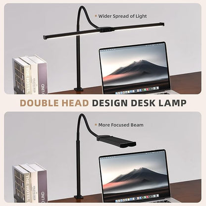 Voncerus LED Desk Lamp for Home Office, Double Head Architect Light with Clamp, Computer Monitor Clip on Light, 3 Modes and 10 Brightness, Adjustable Flexible Goose-Neck, Table Task Lamp, Black