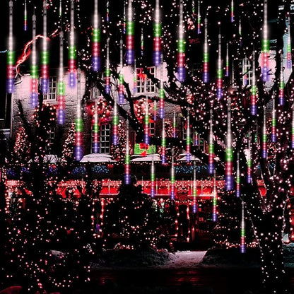 Adecorty Christmas Lights Outdoor Tree Cascading Icicle Light 8 Tubes 192LED Shooting Star Waterfall Meteor Shower Falling Rain Lights for Xmas Decorations Wedding Party New Year (Multi Color)