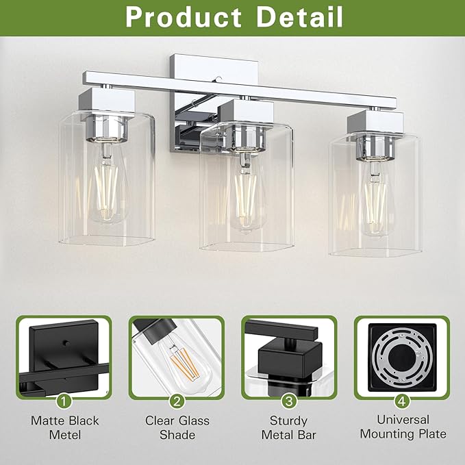 Chrome Bathroom Vanity Light - 3 Light Bathroom Light Fixture Square Design & UL Certification, Bath Room Lighting Fixtures Over Mirror, Modern Vanity Lighting Fixture for Living Room