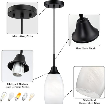 Viinew Mini Glass Pendant Light,1-Light Handblown White Oval Art Glass Hanging Pendant Light for Kitchen Island,Dining Room,Living,Foyer,Hallway, Entry Matte Black Metal
