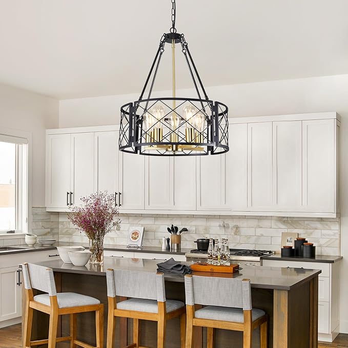 21'' Farmhouse Chandelier, 5-Light Black and Gold Dining Room Light Fixture Over Table, Rustic Industrial Drum Hanging Pendant Lights Fixture for Kitchen Island Living Room Bedroom Hallway Entryway