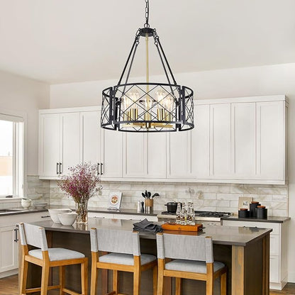 21'' Farmhouse Chandelier, 5-Light Black and Gold Dining Room Light Fixture Over Table, Rustic Industrial Drum Hanging Pendant Lights Fixture for Kitchen Island Living Room Bedroom Hallway Entryway