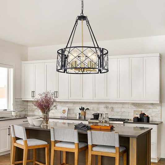 21'' Farmhouse Chandelier, 5-Light Black and Gold Dining Room Light Fixture Over Table, Rustic Industrial Drum Hanging Pendant Lights Fixture for Kitchen Island Living Room Bedroom Hallway Entryway