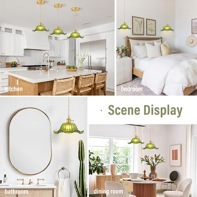 Vintage Pendant Lights Kitchen Island, Adjustable Brass Pendant Light Fixtures with Green Lily Glass Lampshade, Gold Kitchen Pendant Lighting Over Island, Pendant Light for Dining Room Hallway
