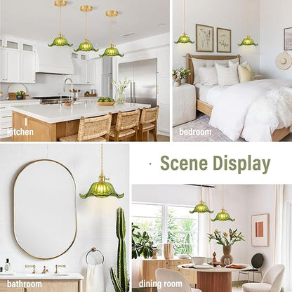 Vintage Pendant Lights Kitchen Island, Adjustable Brass Pendant Light Fixtures with Green Lily Glass Lampshade, Gold Kitchen Pendant Lighting Over Island, Pendant Light for Dining Room Hallway
