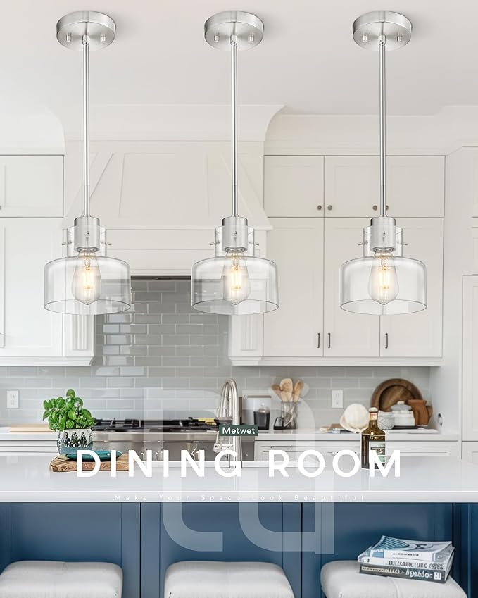 Brushed Nickel Pendant Lights Kitchen Island, 6" Pendant Light Fixtures Over Island with Clear Glass Shade, Modern Kitchen Island Lighting for Dining Room Entryway, PL124-BN-G-1PK