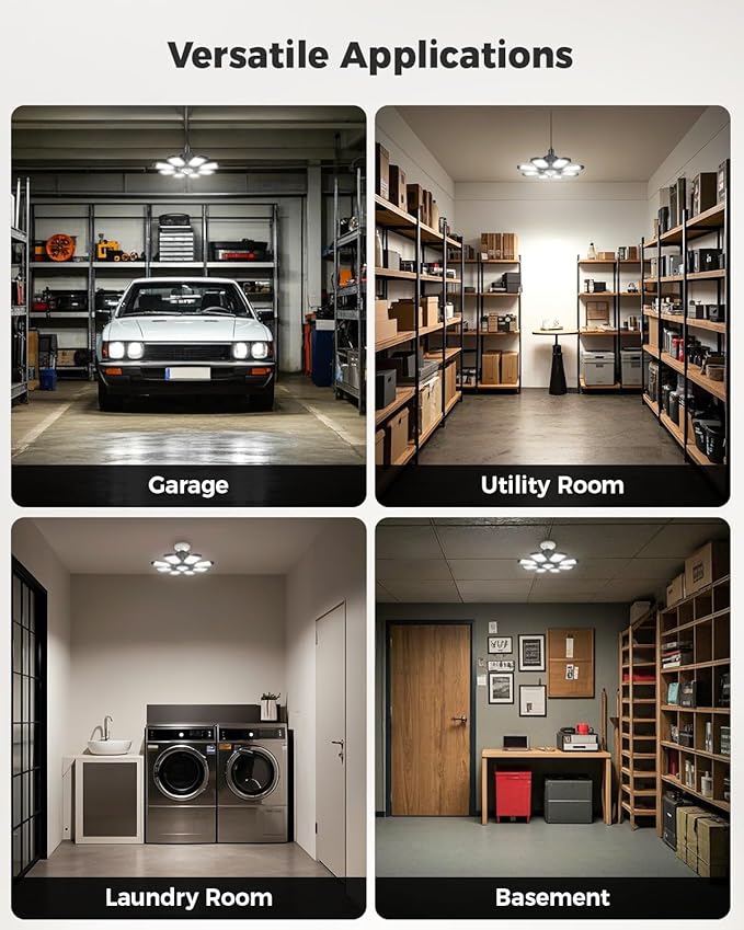 Motion Sensor Garage Lights 2 Pack, 25000LM Motion Sensor Shop Light with 8 Foldable Panels, 6500K Indoor Motion Activated LED Light Bulb for Garage, Workshop, Utility Room