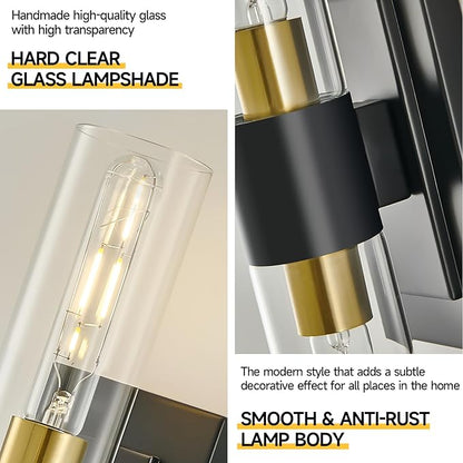 19" Black and Gold Wall Sconce,Modern Bathroom Light Fixtures,2-Light Vanity Lights for Mirror,Indoor Wall Lamp Wall Mount Hardwired Light for Bedroom with Clear Glass,E26 Base,1 Pack