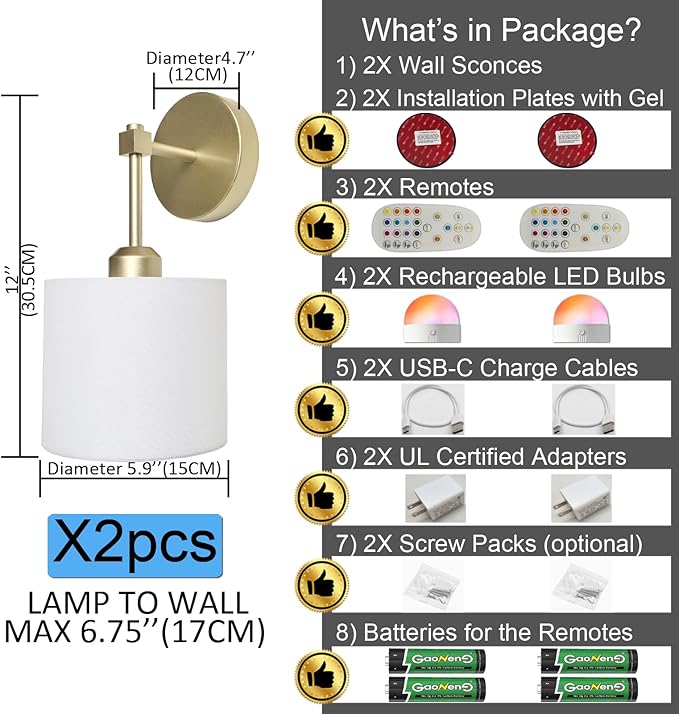 Easy Install Adhesive Battery Wall Sconces Rechargeable Gold Set of 2, No Nails Cordless Magnetic Wall Lamps Peel and Stick Decor Wall Vanity Lights for Pictures Living Room Hallway (Gold, 2-Pack)