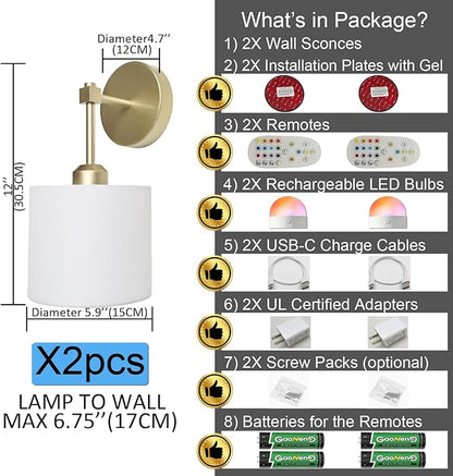 Easy Install Adhesive Battery Wall Sconces Rechargeable Gold Set of 2, No Nails Cordless Magnetic Wall Lamps Peel and Stick Decor Wall Vanity Lights for Pictures Living Room Hallway (Gold, 2-Pack)