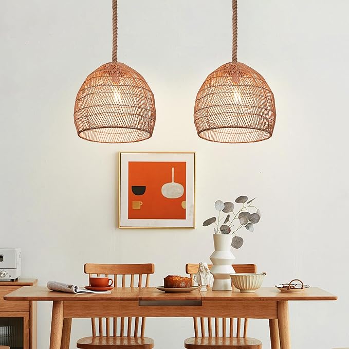 1 Light Rattan Chandelier Woven Pendant Light Fixture, Boho Coastal Wicker Hanging Ceiling Lighting for Kitchen, 15.74"W Large Lampshade for Living Room Bars Restaurants