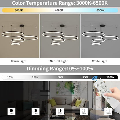 Mikeru Modern 4 Ring Chandelier Light, LED Pendant Light Fixtures with Remote Control 3000k-6500K Adjustable Color Temperature Light for Living Room, Bedroom, Kitchen