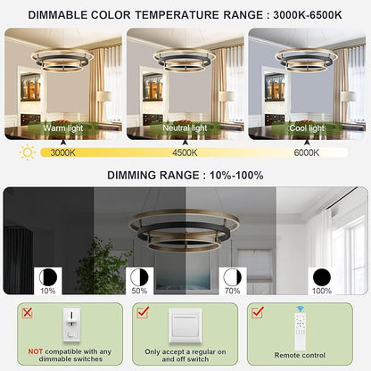 Benkut Modern LED Chandelier Black Gold Dimmable 3 Ring Pendant Light for Dining Room, Kitchen Chandelier Circular with Remote Control Flush Mount High Ceiling Light for Living Room, 3000K-6500K