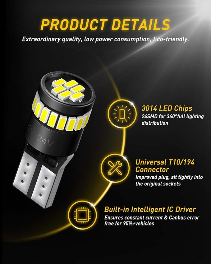 AUXITO 194 LED Bulbs for License Plate Light 168 175 2825 W5W T10 24-SMD 3014 Chipsets 6000K White for Car Dome Door Map Dash Courtesy Cargo License Plate Lights, Pack of 2