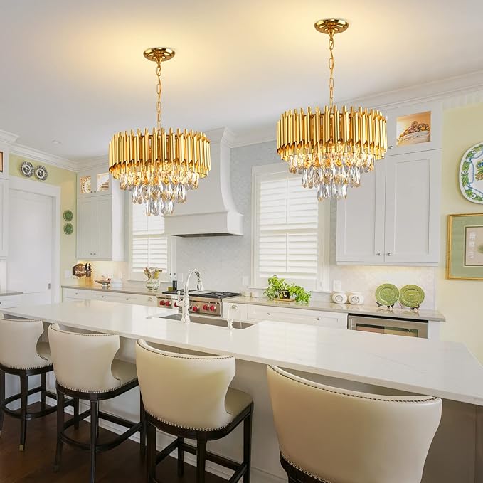 Gold Crystal Chandelier 3-Tier Dining Room Chandelier Light fixtures Modern Chandeliers for Dining Room Small Pendant Light Fixture for Living Room Foyer Kitchen Island Entryway Round 5 Light W15.7”