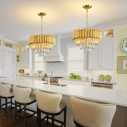 Gold Crystal Chandelier 3-Tier Dining Room Chandelier Light fixtures Modern Chandeliers for Dining Room Small Pendant Light Fixture for Living Room Foyer Kitchen Island Entryway Round 5 Light W15.7”