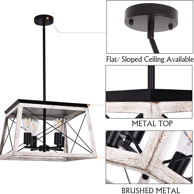 Luupyia 17.72Inches Farmhouse Pendant Light, Height Adjustable, White Rectangular Rustic Chandeliers Farmhouse Light Fixture Vintage Island Lighting for Dining Room Entryway Living Room 4-Lights E26