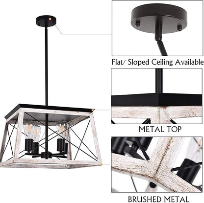 Luupyia 17.72Inches Farmhouse Pendant Light, Height Adjustable, White Rectangular Rustic Chandeliers Farmhouse Light Fixture Vintage Island Lighting for Dining Room Entryway Living Room 4-Lights E26