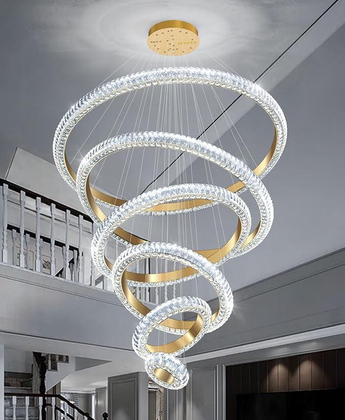 47" 6 Ring Crystal Chandelier Modern LED Dimmable Ring Pendant Light Chandelier for Dining Room Living Room Gold