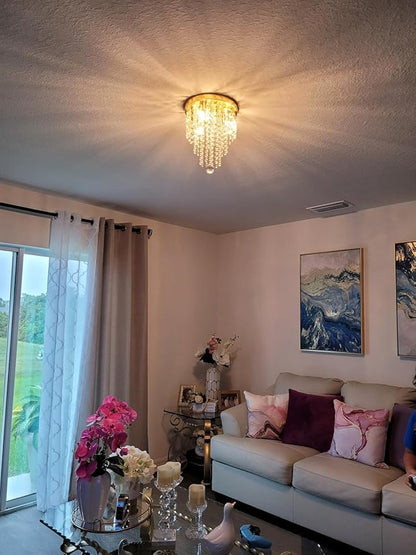 TISLYCO Mini Gold Crystal Chandelier, 3 Light Modern Flush Mount Ceiling Light Fixture, Raindrop Ceiling lamp Beaded Crystal Pendant Lighting for Hallway, Bedroom, Living Room, Dining Room