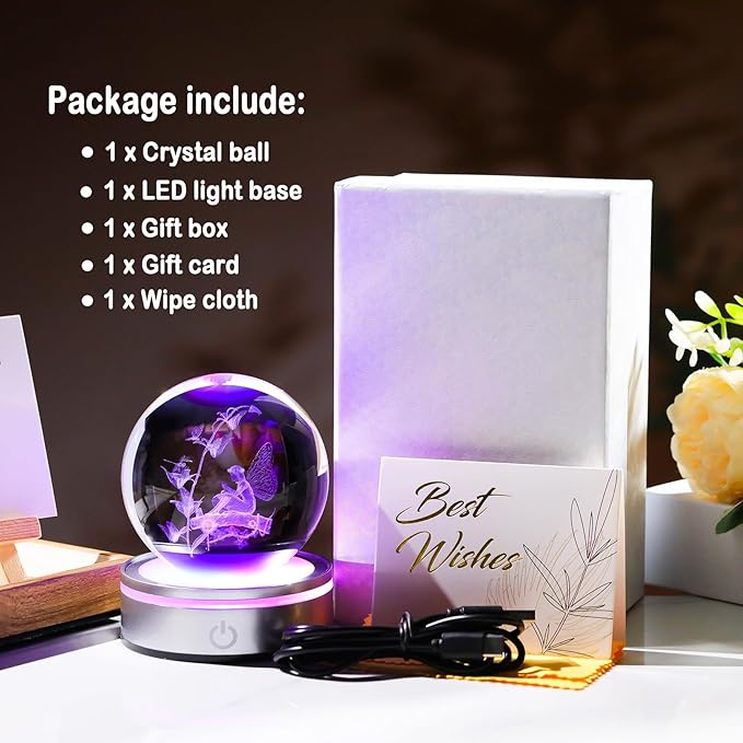 Crystal 3D Fairy 3.15in Ball Figurine Gifts for Women, Collectible Glass Witchy Sphere for Her Room with LED Light Base, Snow Globe Keepsakes for Fairy Lovers Home Decor