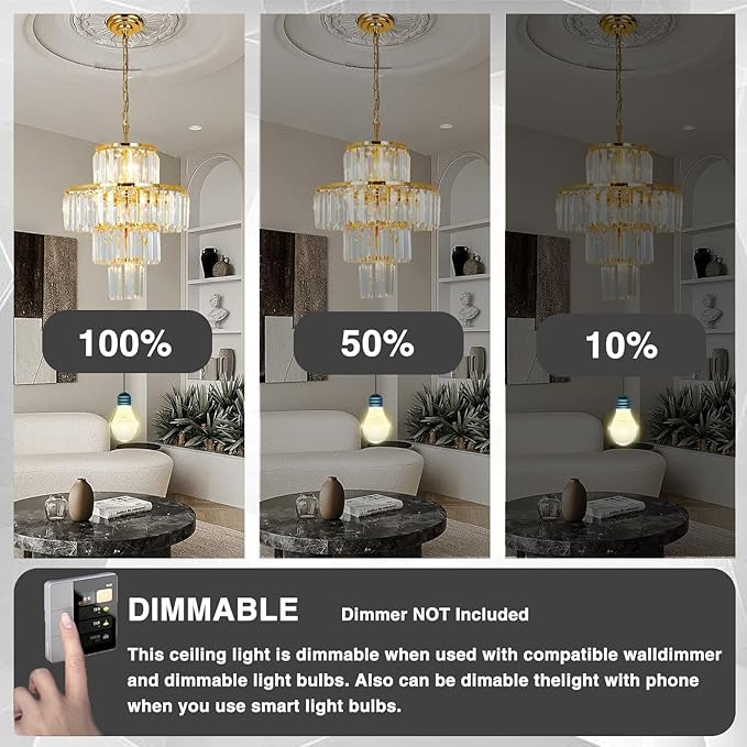 Gold Crystal Chandelier, 7-Light 4 Tiers 19.68" Crystal Light, Adjustable Hanging Metal Ceiling Lighting Fixture, Modern Foyer Dining Room Chandeliers for Bedroom,Hallway,Kitchen