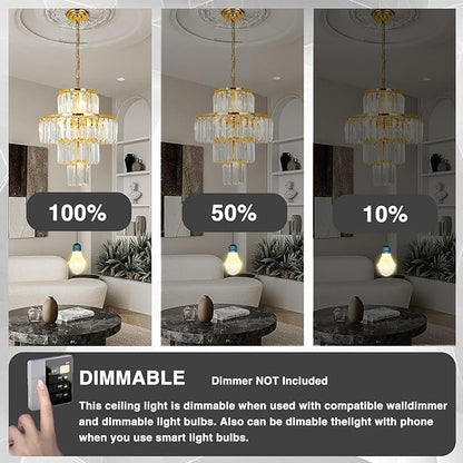 Gold Crystal Chandelier, 7-Light 4 Tiers 19.68" Crystal Light, Adjustable Hanging Metal Ceiling Lighting Fixture, Modern Foyer Dining Room Chandeliers for Bedroom,Hallway,Kitchen