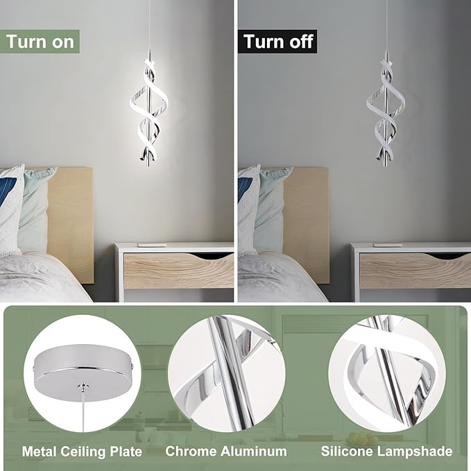 Modern LED Pendant Light Fixtures 4000K Pendant Lights Chrome Hanging Lamp for Dining Room Bedroom Living Room (1 Pack)