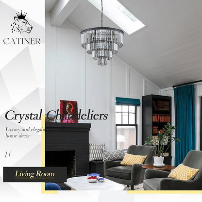 CATINER 24”Modern Black Crystal Chandeliers Ceiling Round Smoke Gray Crystal Chandelier Luxury 4-Tier 12 Lights Pendant Light Fixture Contemporary for Dining Room Foyer Staircase Living Room