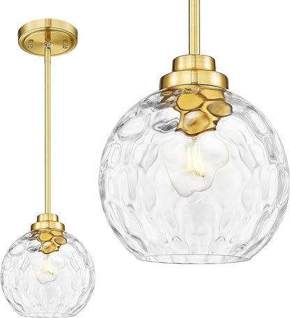 8 Inch Modern Farmhouse Pendant for Kitchen Island, Adjustable Height Hanging Fixture with Hammered Glass,Brushed Gold Finish, Dining Room Entryway - PL101HBG-L