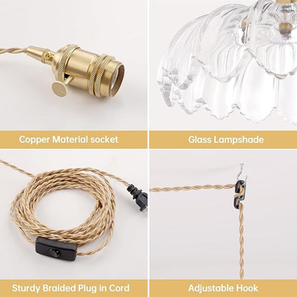 Shenmoyl Plug in Pendant Light Hanging Light Fixtures with Plugin Cord On/Off Switch,Clear Scindapsus Glass Lampshade Brass Pendant Light