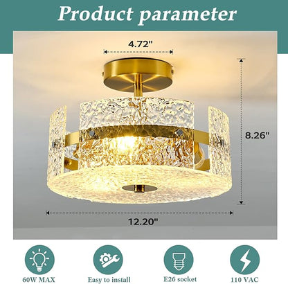 ZGLAOJT Semi Flush Mount Ceiling Light Modern Gold Celing Light Fixture 3-Light 12 Inch Acrylic Farmhouse for Kitchen Bedroom Hallway Dining Room.