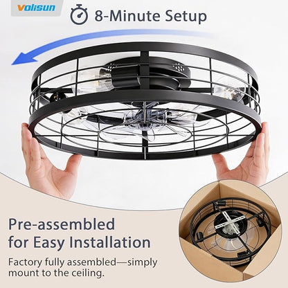 VOLISUN Caged Ceiling Fan with Light and Remote,23.6 inch Fandelier Ceiling Fan with Light Flush Mount, Farmhouse Bladeless Ceiling Fans with Lights for Kitchen,Bedroom