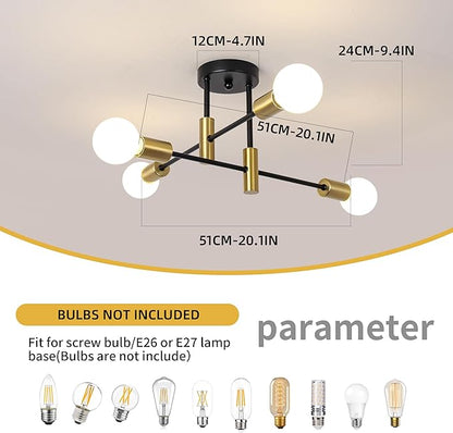 Garwarm 2 Pack 4-Light Industrial Semi Flush Mount Sputnik Ceiling Light Fixture, Black and Gold Modern Sputnik Chandelier for Porch Bedroom Hallway Kitchen Farmhouse