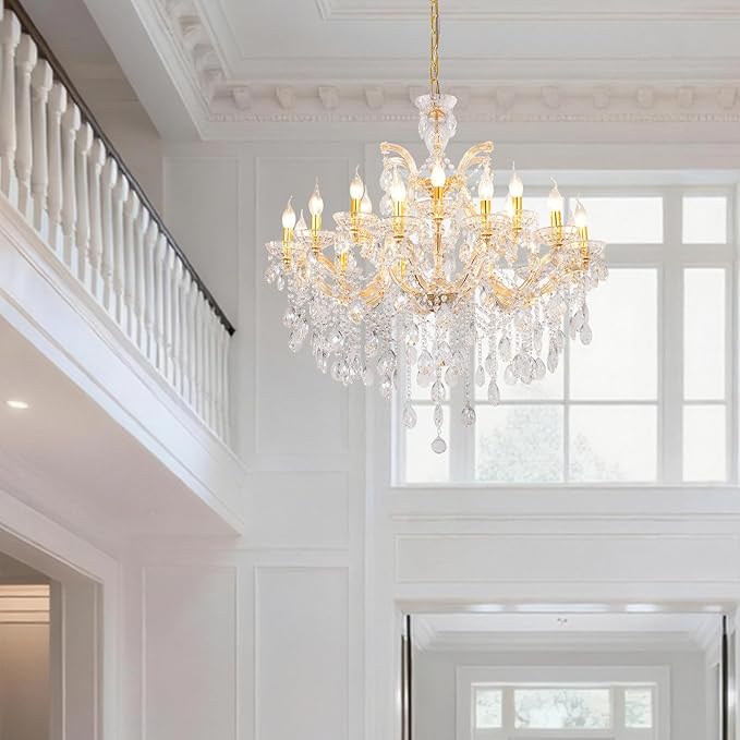 Modern Large Gold Chandelier Light Fixtures, 18 Lights 2 Layers Luxury Maria Theresa Crystal Chandeliers for Dining Room, High Ceiling, Living Room, Foyer, Staircase, Lobby