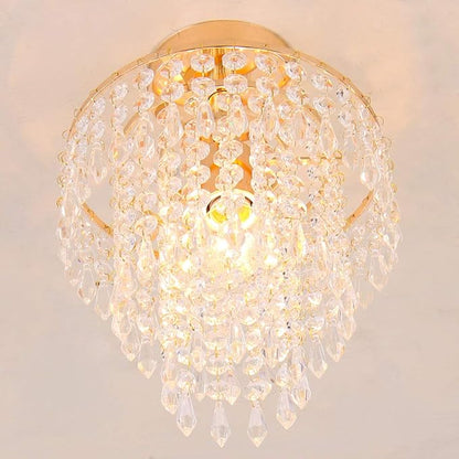 FRIXCHUR Mini Size Crystal Chandelier Modern Flush Mount Ceiling Light 3 Tiers Raindrops Crystal Pendant Lighting Fixture Decoration for Bedroom Hallway Living Room,E26 Base,Gold