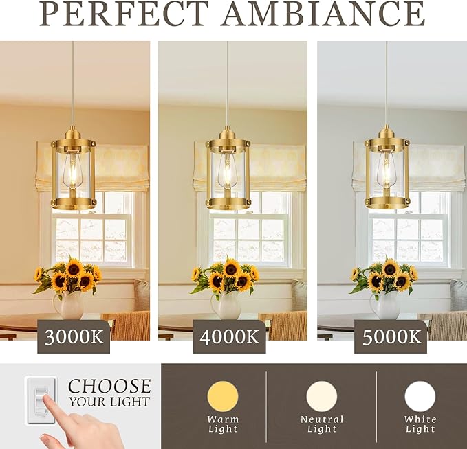Brushed Gold Pendant Lights Kitchen Island 3 Pack, Modern Kitchen Pendant Lighting Over Island with Clear Glass, Farmhouse Brass Mini Hanging Light for Kitchen Sink Dining Room, OS-3014-3PBGC