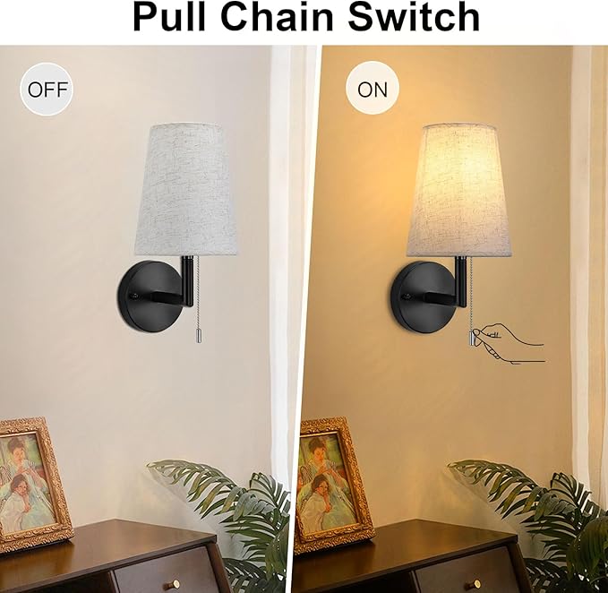 Lightess Pull Chain Light Fixture Wall, Indoor Wall Sconces Set of 2, Vintage Wall Lamps with White Fabric Shade for Bedroom Living Room Corridor