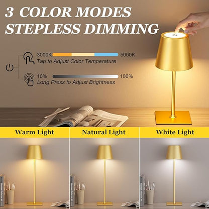 Kakanuo Gold Cordless Rechargeable Table Lamp 5000mAh Battery Operated Lamps, 3 Colors Stepless Dimming Touch Lamp for Dining, Living Room, Outdoor Patio, Kitchen Counter, 4 Pack