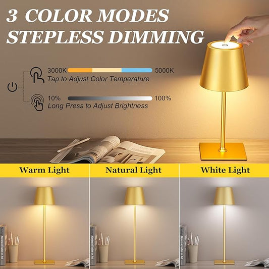Kakanuo Gold Cordless Rechargeable Table Lamp 5000mAh Battery Operated Lamps, 3 Colors Stepless Dimming Touch Lamp for Living Room, Kitchen Counter, Dining, Outdoor Patio, 2 Pack