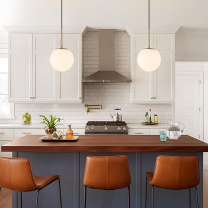 Milk Globe Pendant Light, Mid Century Modern Ceiling Hanging Lights Fixture with Height Adjustable, Brass Gold Pendant Lighting for Kitchen Island, Hallway, Dining Room, Living Room (2 Pack)